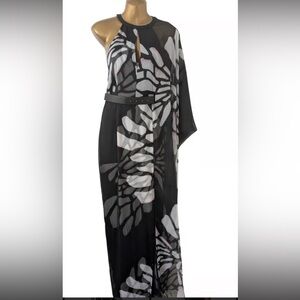 Halston Heritage Black and White Sheer Sleeve Dress